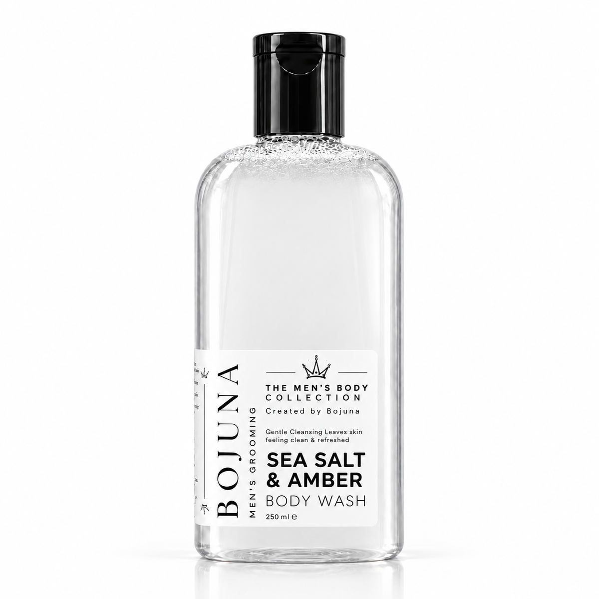Bojuna Sea Salt & Amber 4-in-1 Body Wash in its new clear, uncoloured appearance on a white background.