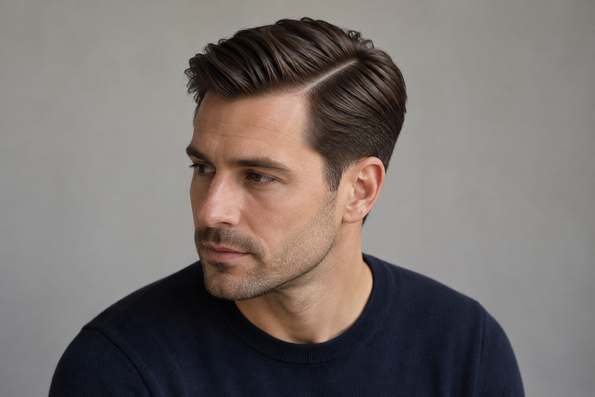 AI-generated styling inspiration: side parting men's hairstyle with a smooth finish.