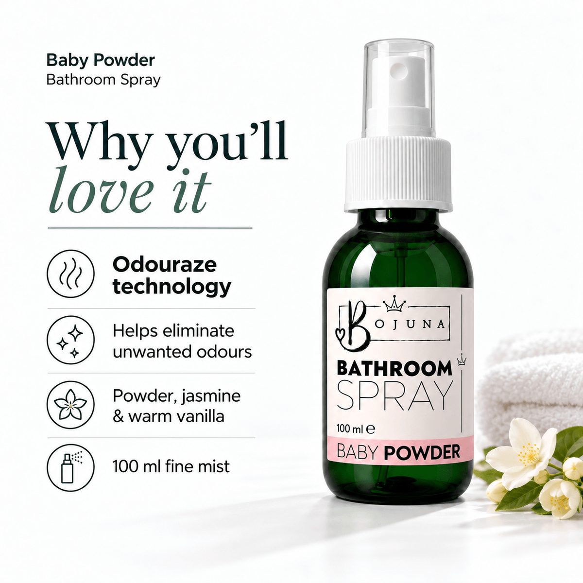 Bojuna Baby Powder Bathroom Spray 100 ml, highlighting Odouraze technology to help eliminate unwanted odours and powder, jasmine and vanilla fragrance notes.