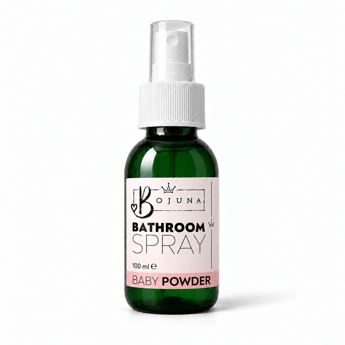 Bojuna Baby Powder Bathroom Spray 100 ml in a green bottle with a white spray pump, clear cap and pink scent label.