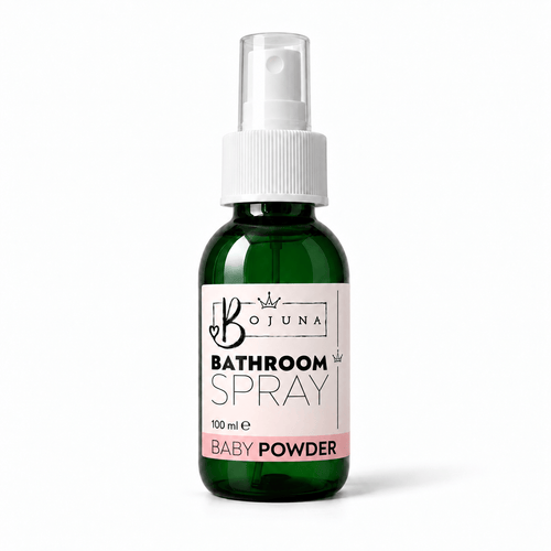 Bojuna Baby Powder Bathroom Spray 100 ml in a green bottle with a white spray pump, clear cap and pink scent label.