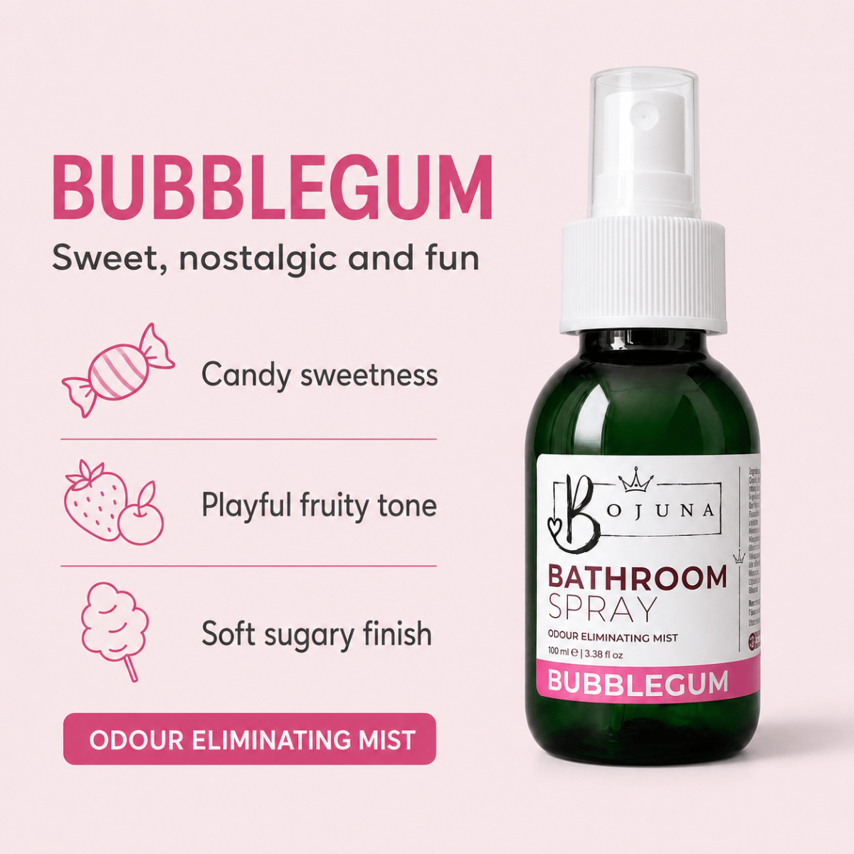 A bottle of Bojuna Bubblegum Bathroom Spray shown on a pale pink background with descriptive text and icons about its scent notes: candy sweetness, playful fruity tone, and soft sugary finish.