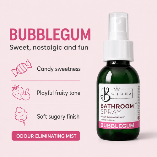 A bottle of Bojuna Bubblegum Bathroom Spray shown on a pale pink background with descriptive text and icons about its scent notes: candy sweetness, playful fruity tone, and soft sugary finish.