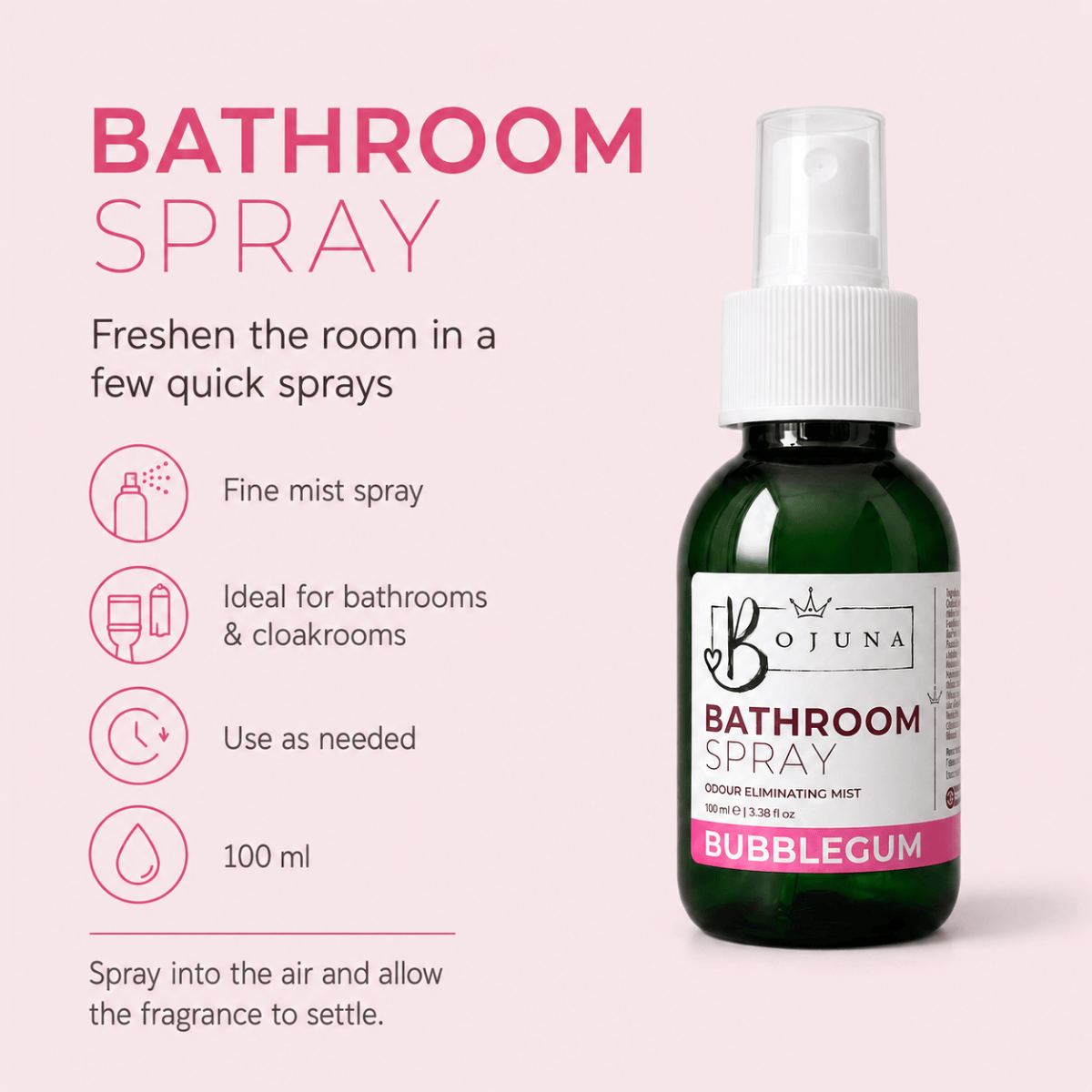 A bottle of Bojuna Bathroom Spray Bubblegum shown on a pale pink background with product callout text on the left. The spray bottle is dark green glass with a white pump and a white label featuring pink and black text.