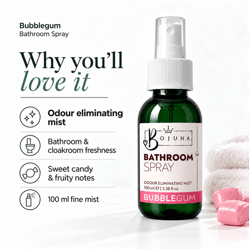 Bojuna Bubblegum Bathroom Spray 100 ml showing odour-eliminating mist benefits and sweet candy & fruity notes.