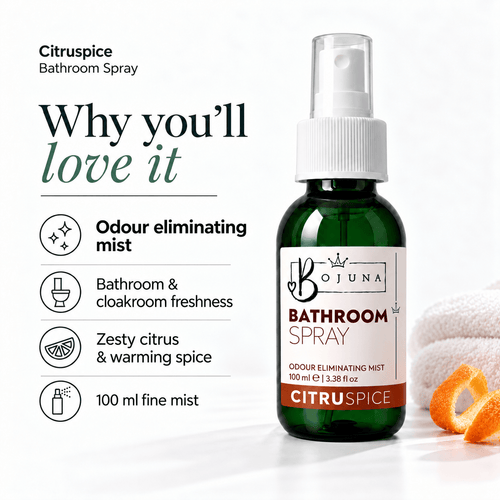Bojuna Citruspice Bathroom Spray 100 ml showing odour-eliminating mist benefits and zesty citrus & warming spice.