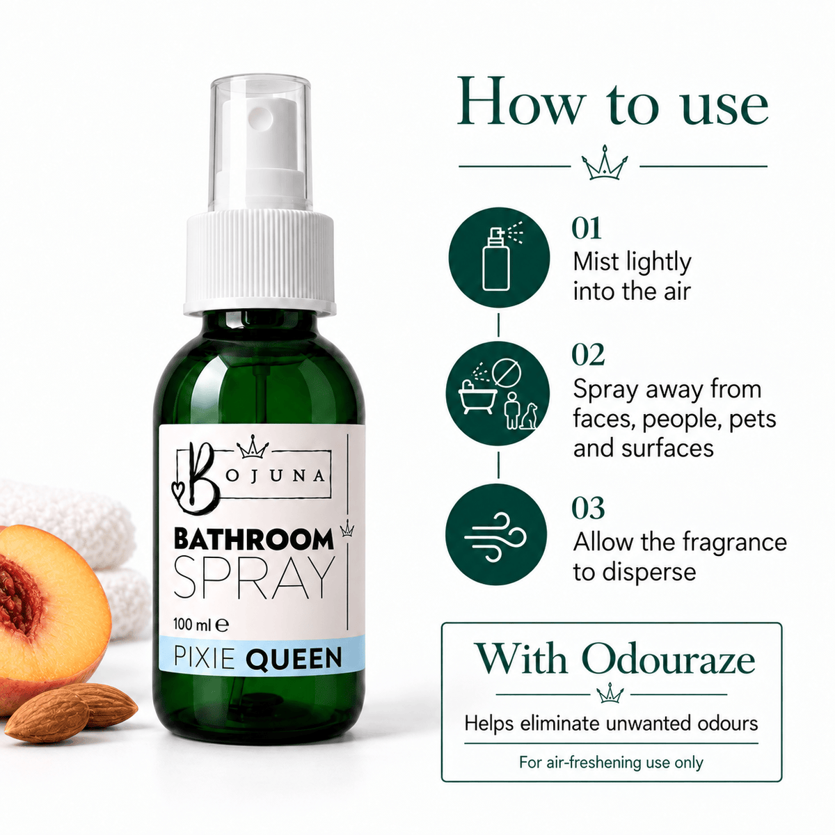 How to use Bojuna Pixie Queen Bathroom Spray 100 ml with Odouraze: mist into the air away from faces, people, pets and surfaces.