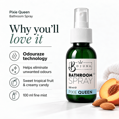 Bojuna Pixie Queen Bathroom Spray 100 ml, highlighting Odouraze technology to help eliminate unwanted odours and sweet tropical fruit and creamy candy fragrance notes.