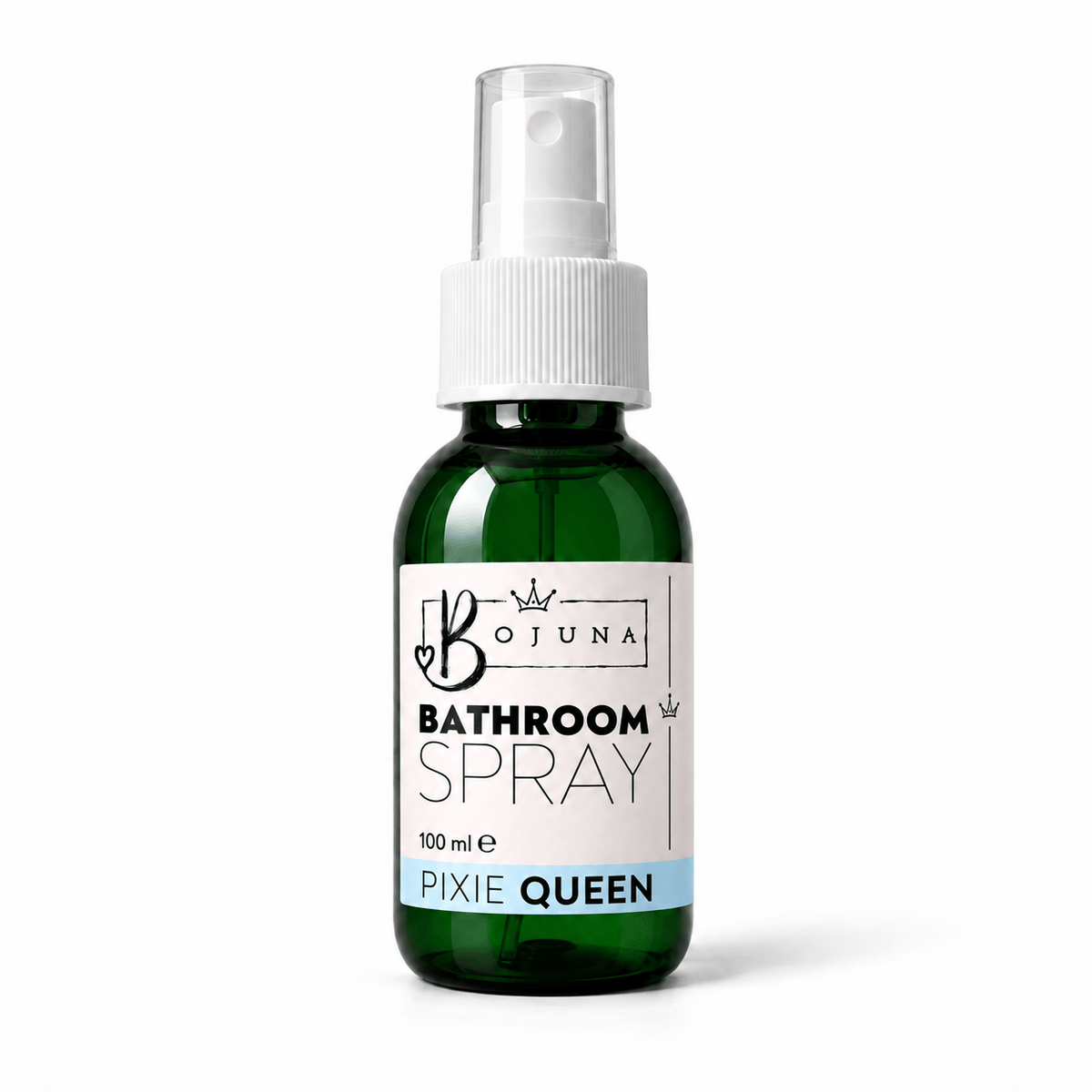 Bojuna Pixie Queen Bathroom Spray 100 ml in a green bottle with a white spray pump, clear cap and blue scent label.