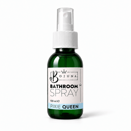 Bojuna Pixie Queen Bathroom Spray 100 ml in a green bottle with a white spray pump, clear cap and blue scent label.
