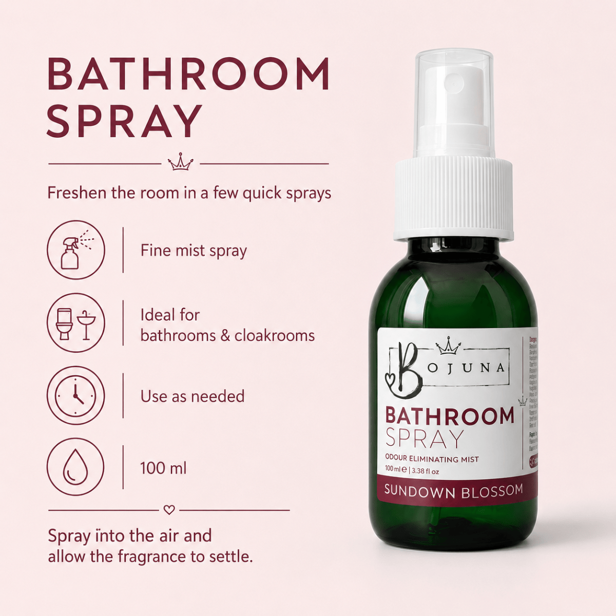 A 100 ml bottle of Bojuna Bathroom Spray (Sundown Blossom) on a pale pink background with informational text and icons on the left.
