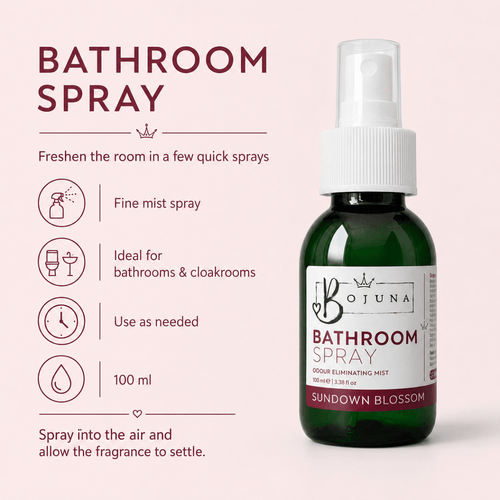 A 100 ml bottle of Bojuna Bathroom Spray (Sundown Blossom) on a pale pink background with informational text and icons on the left.