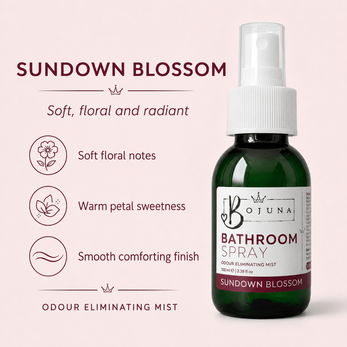 A bottle of Bojuna Sundown Blossom Bathroom Spray on a pale pink background with descriptive text and feature icons on the left.
