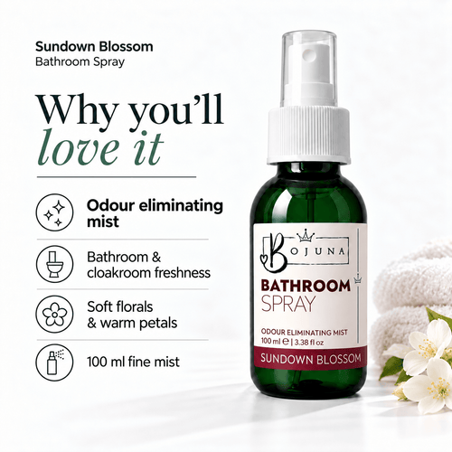 Bojuna Sundown Blossom Bathroom Spray 100 ml showing odour-eliminating mist benefits and soft florals & warm petals.