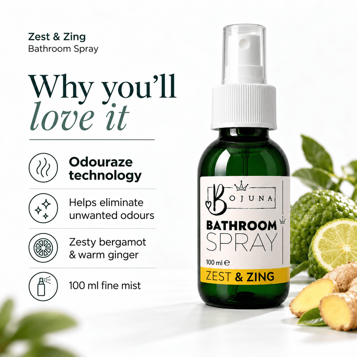 Bojuna Zest & Zing Bathroom Spray 100 ml, highlighting Odouraze technology to help eliminate unwanted odours and bergamot and ginger fragrance notes.