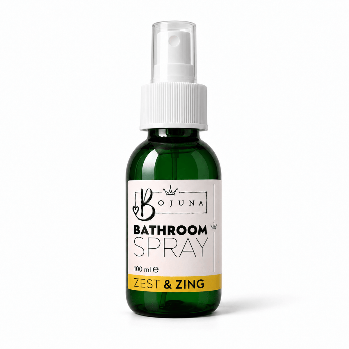 Bojuna Zest & Zing Bathroom Spray 100 ml in a green bottle with a white spray pump, clear cap and yellow scent label.