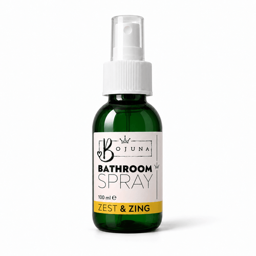 Bojuna Zest & Zing Bathroom Spray 100 ml in a green bottle with a white spray pump, clear cap and yellow scent label.