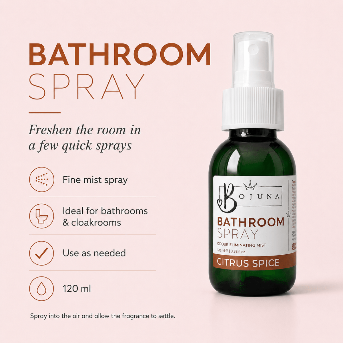 A bottle of Botuna Bathroom Spray, Citrus Spice, shown on a soft pink background with descriptive text highlighting its fine mist spray, suitability for bathrooms and cloakrooms, and 120 ml size.