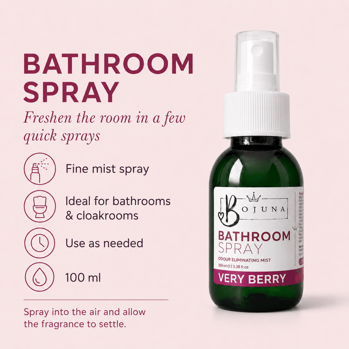 A bottle of Bojuna Bathroom Spray in the Very Berry scent, shown on the right against a pale pink background with descriptive text on the left detailing its use for bathrooms and closetrooms.