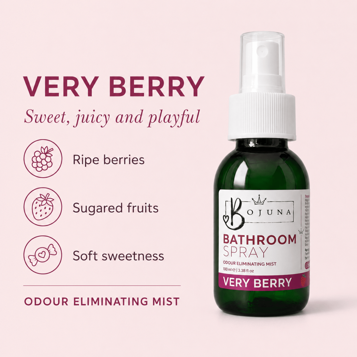 A bottle of Bojuna Very Berry Bathroom Spray shown on a pale pink background with descriptive text and icons about berry and fruit scents.