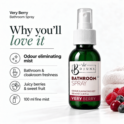 Bojuna Very Berry Bathroom Spray 100 ml showing odour-eliminating mist benefits and juicy berries & sweet fruit.