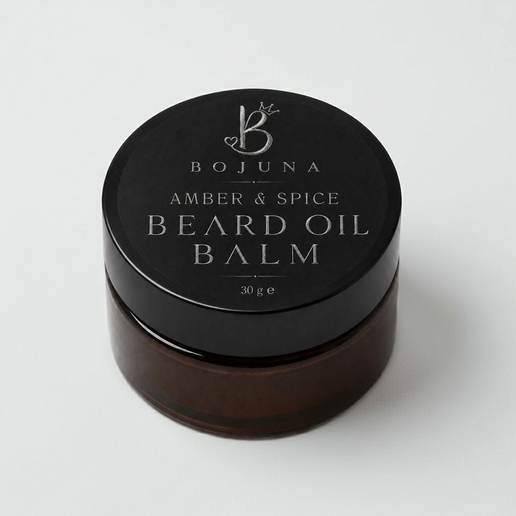 A 30g jar of Bojuna Amber & Spice Beard Oil Balm, featuring a glossy black lid with silver lettering and a dark amber-brown glass jar, set against a clean white background.