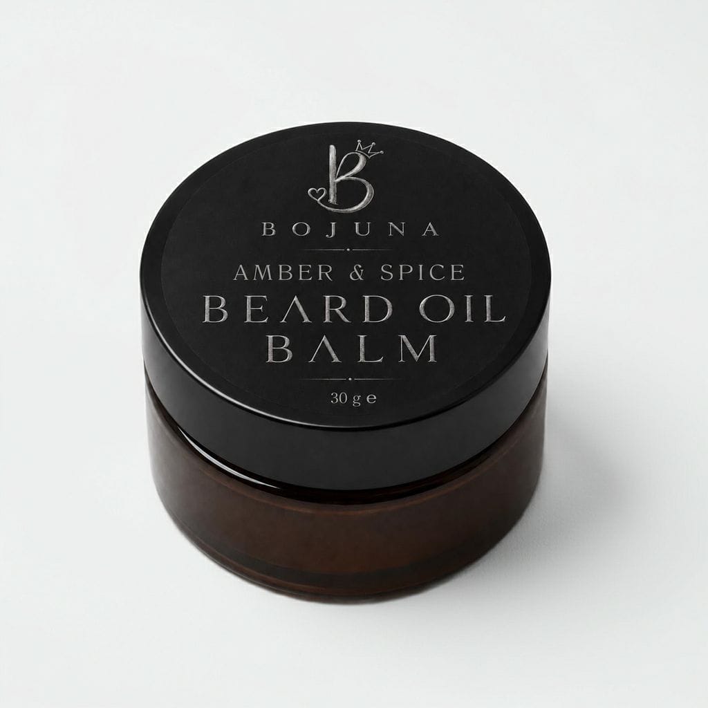 A 30g jar of Bojuna Amber & Spice Beard Oil Balm, featuring a matte black lid with silver lettering and a dark amber-brown glass jar, set against a clean white background.