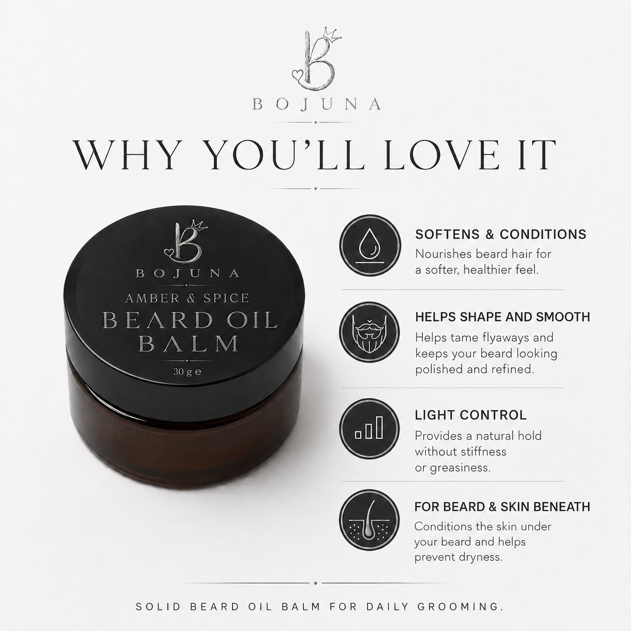 Bojuna Amber & Spice Beard Oil Balm jar shown on a clean white background with marketing text and feature callouts. The product is a round dark brown jar with a black lid, and the image includes descriptive text about softening, shaping, and skin benefits.
