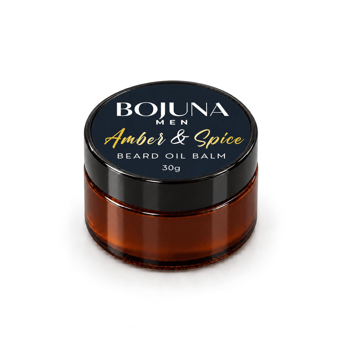 Bojuna Men Amber & Spice Beard Oil Balm, amber glass jar with black lid and navy label clearly marked 30g, on a white background.