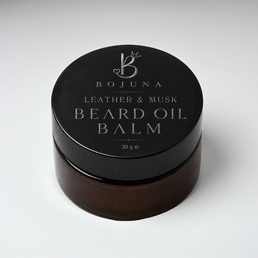 A 30g jar of Bojuna Leather & Musk Beard Oil Balm, featuring a black lid with silver lettering and a dark amber-brown jar, set against a clean light gray background.