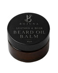 A dark brown glass jar of Bojuna Leather & Musk Beard Oil Balm with a black lid, photographed on a clean white background.