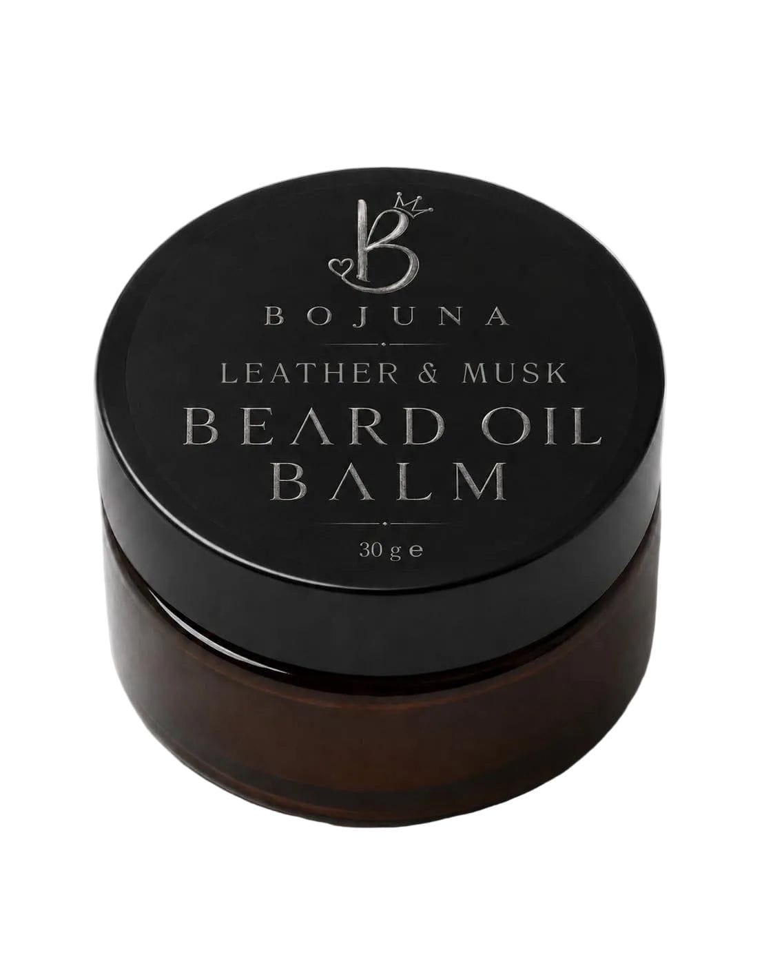 A dark brown glass jar of Bojuna Leather & Musk Beard Oil Balm with a black lid, photographed on a clean white background.