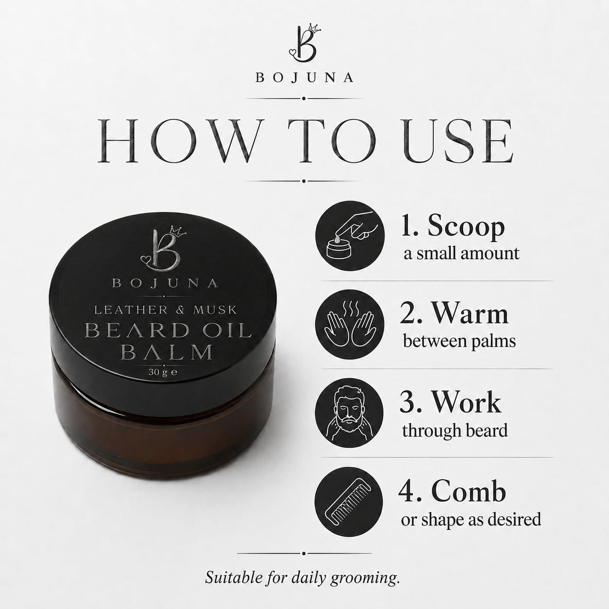 A product usage infographic for Bojuna Beard Oil Balm. The left side shows a dark amber jar with a black lid labeled 'BOJUNA AMBER & SPICE BEARD OIL BALM 30 g'.