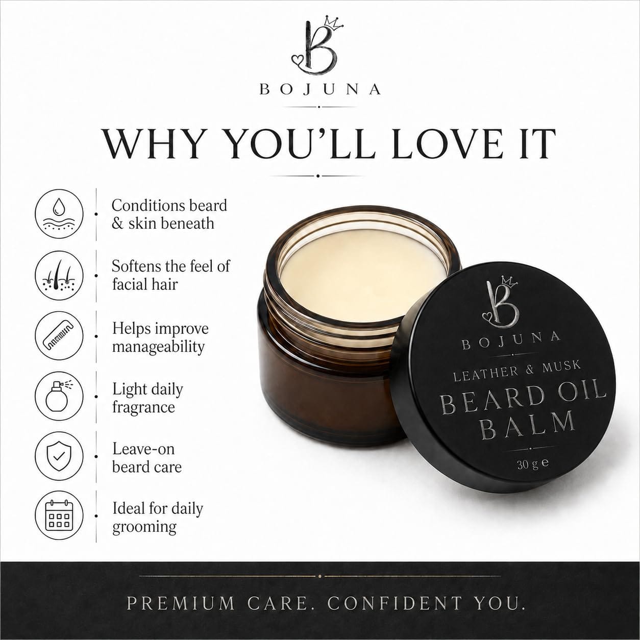 Bojuna Leather & Musk Beard Oil Balm in an amber glass jar with its black lid placed beside it, shown on a white background with marketing text and icons about beard care benefits.