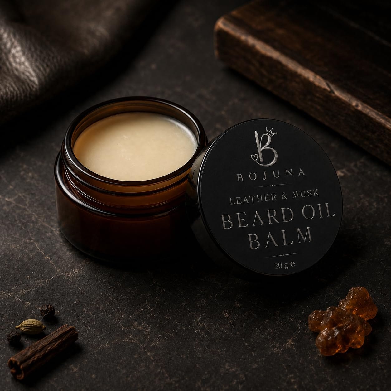 An open amber glass jar of Bojuna Leather & Musk Beard Oil Balm next to its black lid, styled on a dark textured surface with spices and leather.
