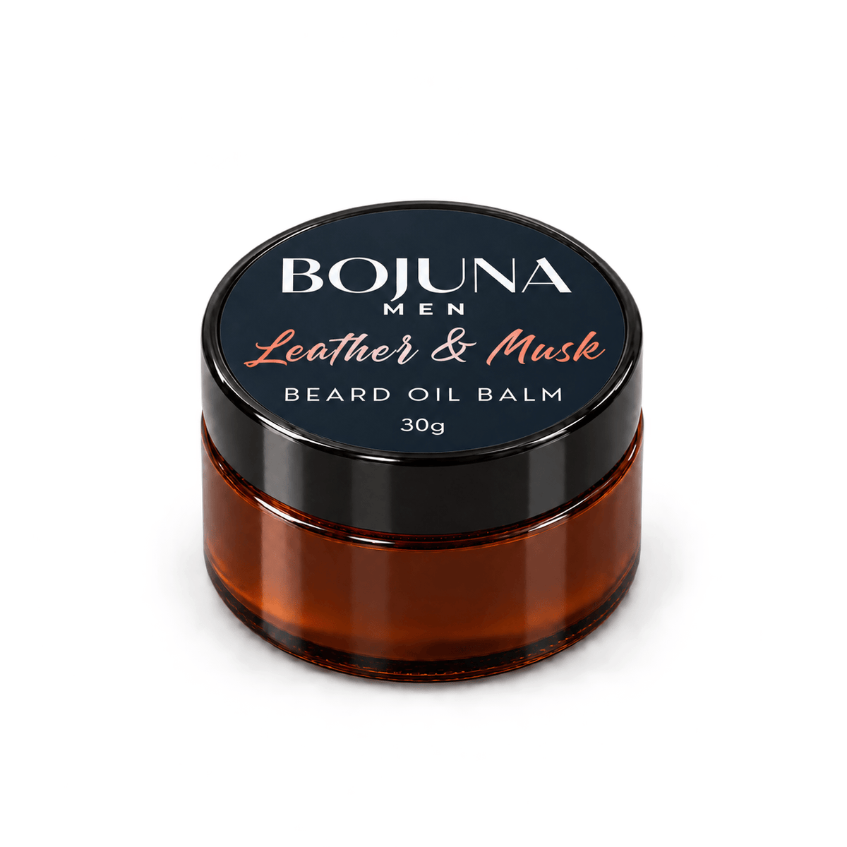 Bojuna Men Leather & Musk Beard Oil Balm, amber glass jar with black lid and navy label marked 30g, on a white background.