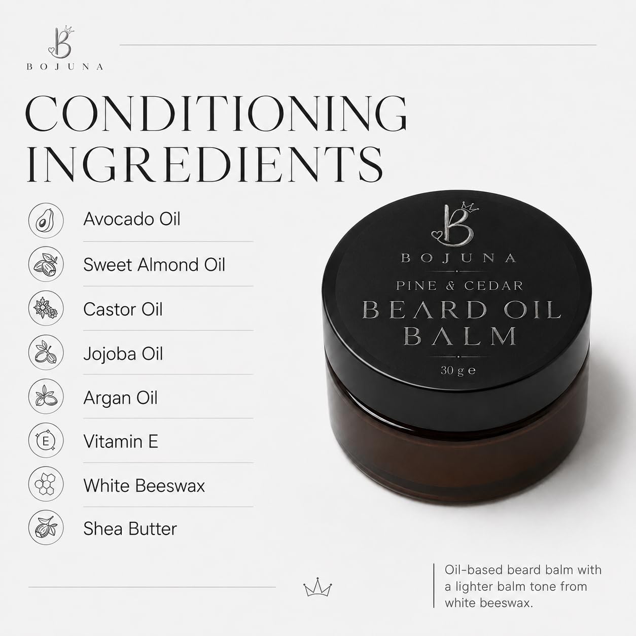 A jar of Bojuna Pine & Cedar Beard Oil Balm shown on a light gray background with ingredient callouts listing avocado oil, sweet almond oil, castor oil, jojoba oil, argan oil, vitamin E, white beeswax, and shea butter.