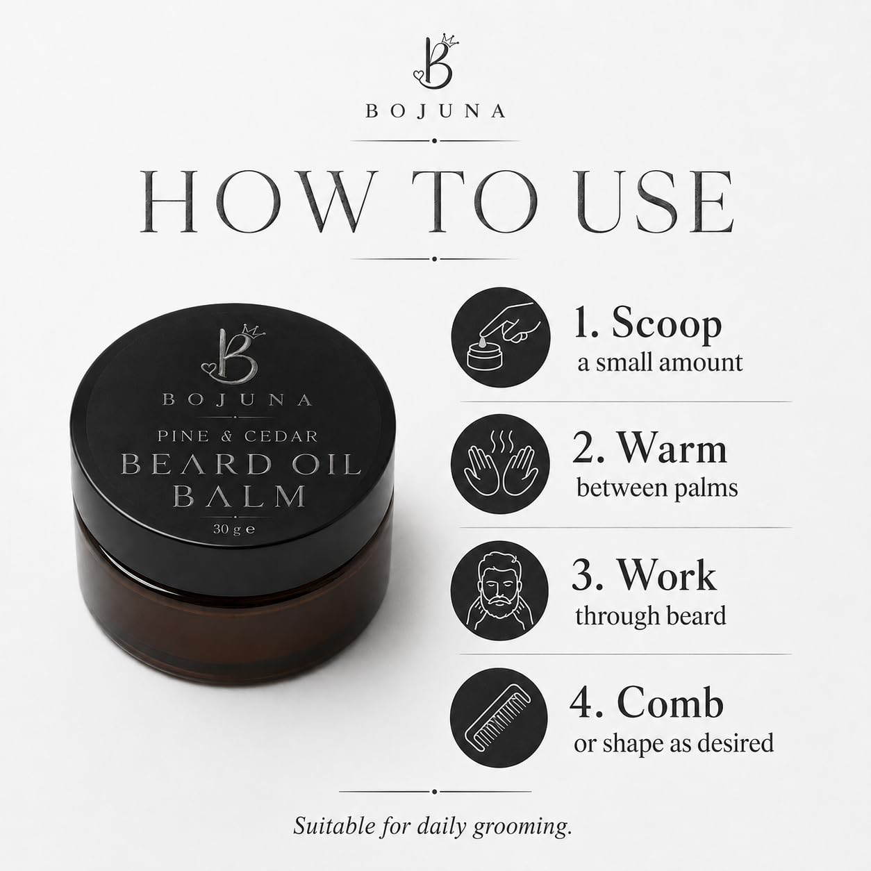 A product usage infographic for Bojuna Beard Oil Balm. The left side shows a dark amber jar with a black lid labeled 'BOJUNA AMBER & SPICE BEARD OIL BALM 30 g'.