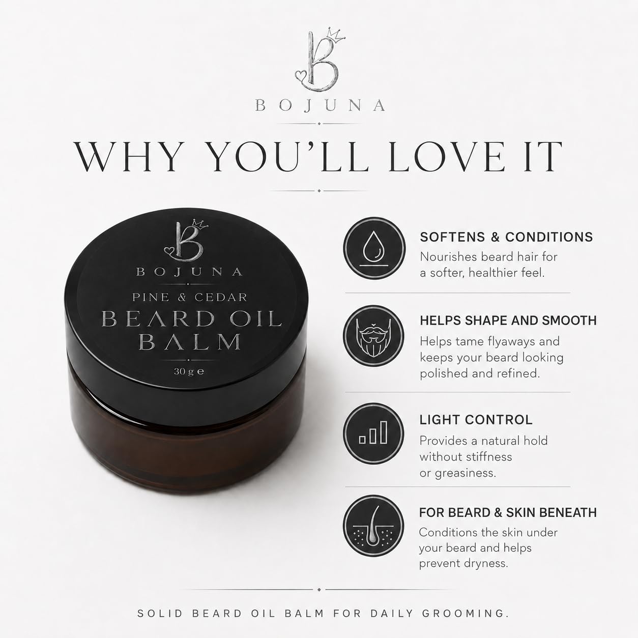 Bojuna Pine & Cedar Beard Oil Balm jar shown on a white background with marketing text and feature icons explaining benefits.