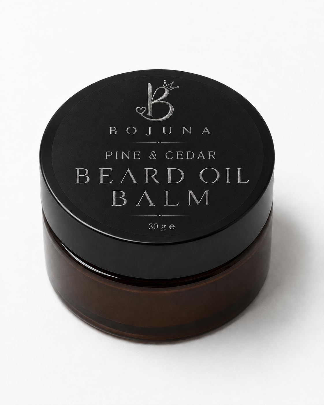 A 30g jar of Bojuna Pine & Cedar Beard Oil Balm, featuring a black lid with silver lettering and a dark amber-brown jar below, set against a clean white background.