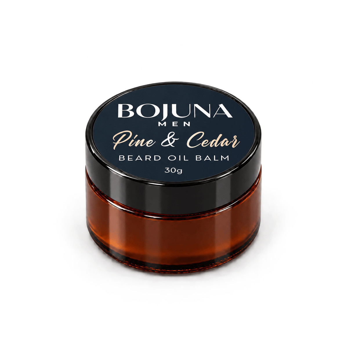 Bojuna Men Pine & Cedar Beard Oil Balm, amber glass jar with black lid and navy label marked 30g, on a white background.