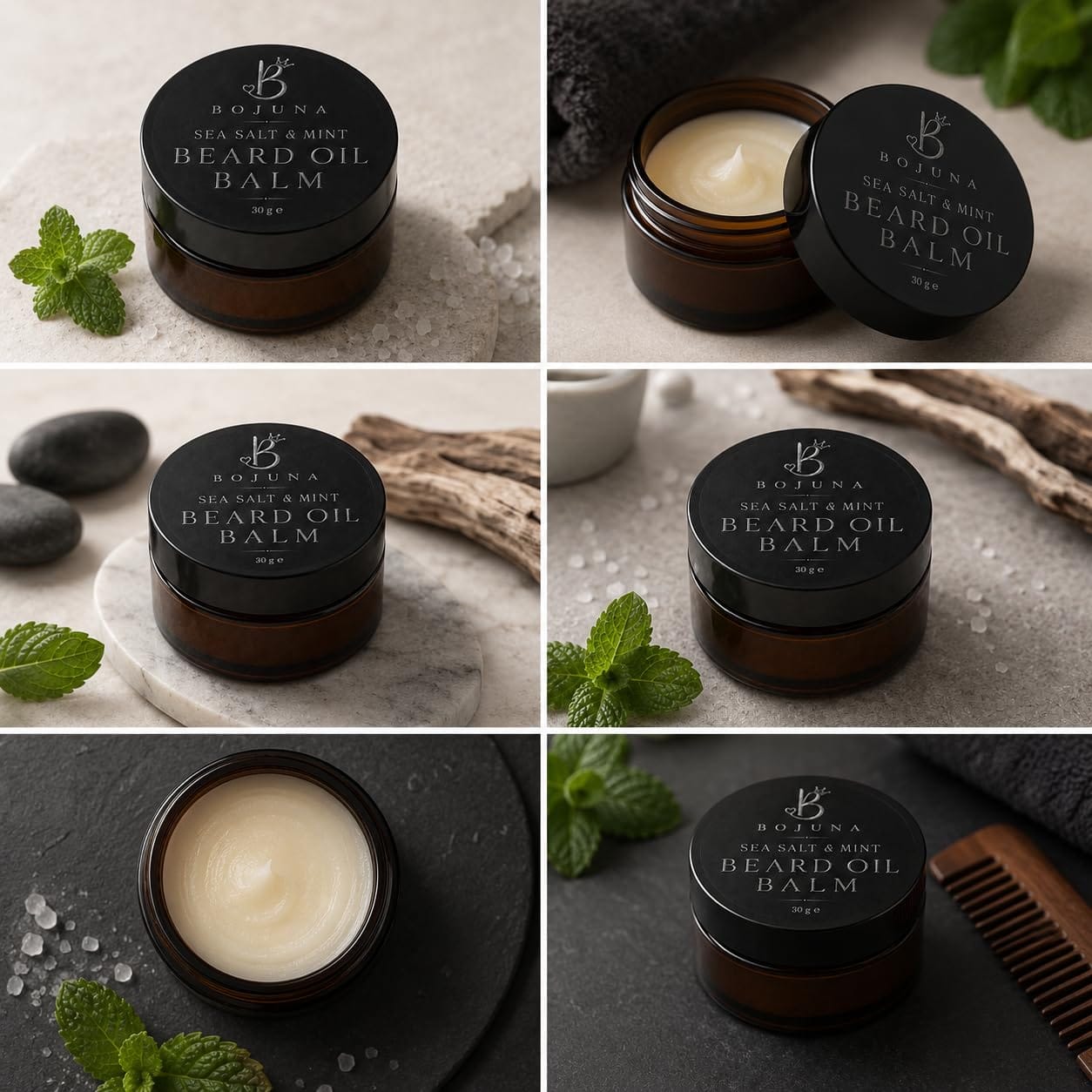 Six-panel collage showing a beard oil balm jar in multiple styled settings. The product is a small amber-brown round jar with a black lid and white text reading 'BOJUNA SEA SALT & MINT BEARD OIL BALM' and 'SEA SALT & MINT'.