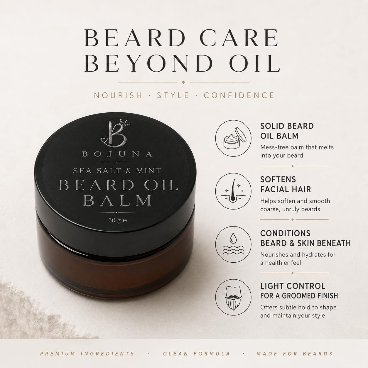Bojuna Sea Salt & Mint Beard Oil Balm jar on a light beige background with product benefits text and icons.