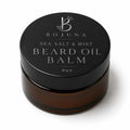 A 30g jar of Bojuna Sea Salt & Mint Beard Oil Balm, featuring a dark brown amber glass container and a matte black lid with silver lettering, set against a plain white background.