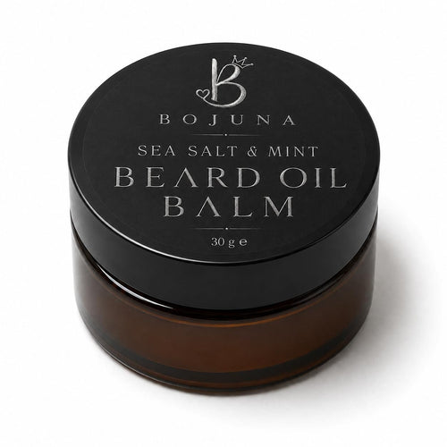 A 30g jar of Bojuna Sea Salt & Mint Beard Oil Balm, featuring a dark brown amber glass container and a matte black lid with silver lettering, set against a plain white background.