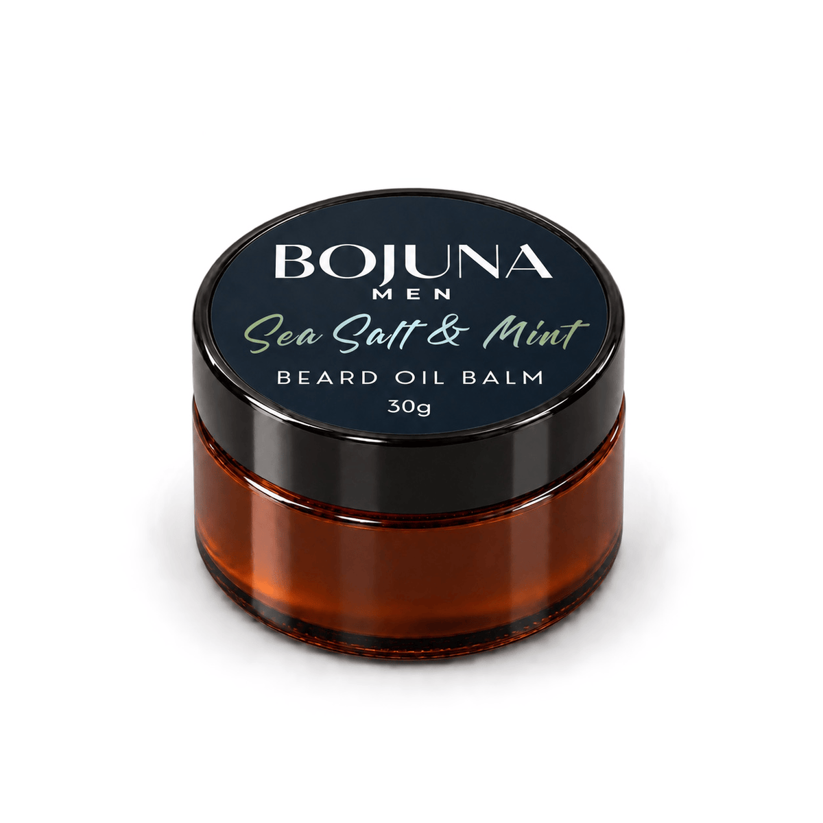 Bojuna Men Sea Salt & Mint Beard Oil Balm, amber glass jar with black lid and navy label marked 30g, on a white background.
