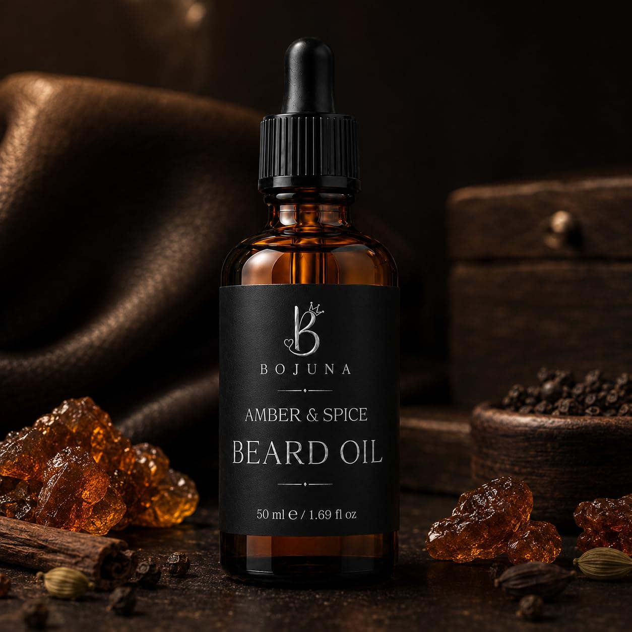A 50 ml amber glass dropper bottle of Bojuna Beard Oil with a black label, styled on a dark rustic surface with spices, cinnamon, and amber crystals.