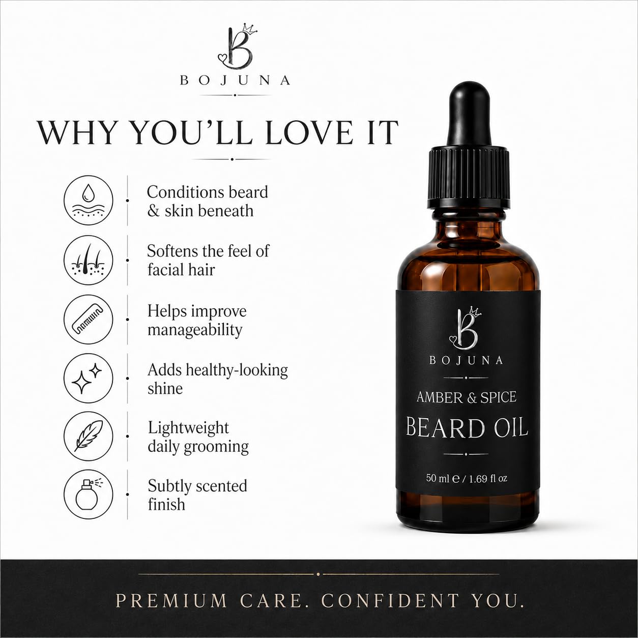 Bojuna Amber & Spice Beard Oil in an amber glass dropper bottle with a black label and black dropper cap, shown next to a feature list on a white background with a black footer.