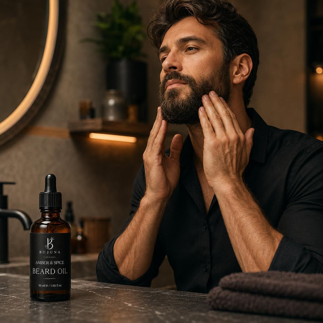 A man in a black shirt gently touches his beard while standing at a bathroom counter next to a bottle of Botorua Beard Oil. A folded dark towel is in the foreground, with a softly lit, modern bathroom background.