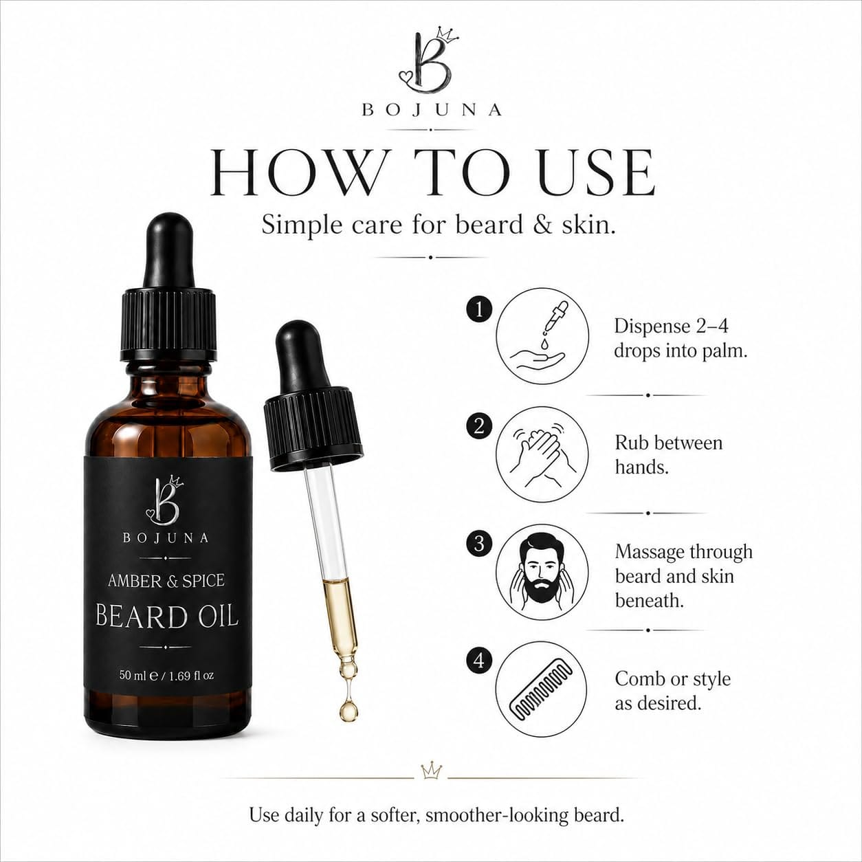 Bojuna Amber & Spice Beard Oil product image with a dropper bottle, an open dropper, and a step-by-step usage guide on a white background.